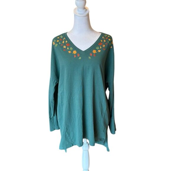 Life is Good Relaxed Fit Tunic Leaf Embroidered Long Sleeve Womens Large Green - Picture 2 of 11